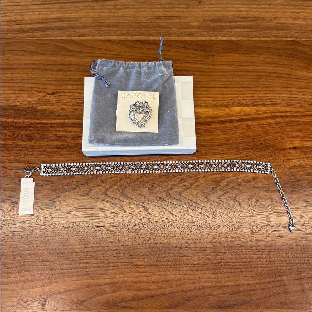 Carolee Vintage Silver Tone Choker & Brooch with Crystal Details